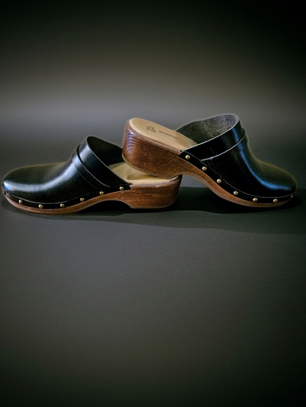 Black Leather Clog Mules with Stud Detail